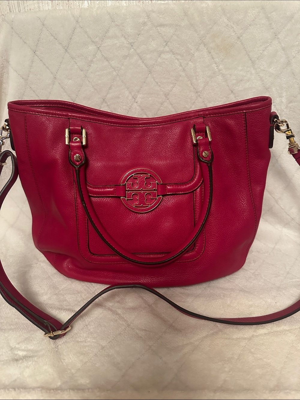 Tory Burch Deep Red Leather Shoulder Tote with Logo Hardware